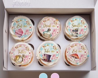 Adornos para cupcakes de Alicia en el país de las maravillas, adornos para cupcakes del Sombrerero Loco, imágenes comestibles para fiestas de té de cumpleaños, galletas para baby shower de Alicia en el país de las maravillas, bodas vintage en el país de las maravillas.