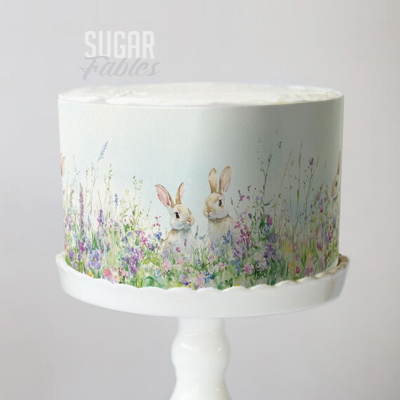 Wildflower Bunnies Cake Wrap Some Bunny Edible Image Watercolor Flowers Frosting Sheet Birthday & Baby Shower Country Rustic Easter Decor