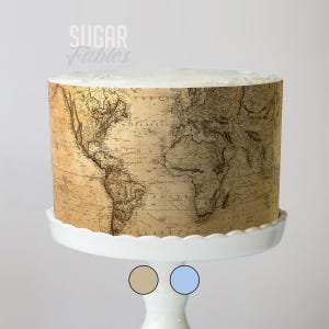 Antique World Map Design Edible Cake Wrap - Vintage Travel Theme; Frosting Sheet for Destination Weddings or Adventure Awaits Celebrations