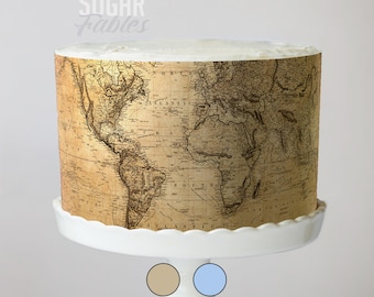 Antique World Map Design Edible Cake Wrap - Vintage Travel Theme; Frosting Sheet for Destination Weddings or Adventure Awaits Celebrations