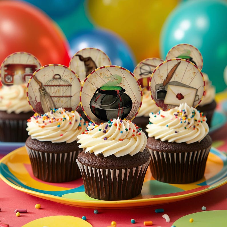 Wizard School Toppers Magical Cupcakes Sorting Hat Chocolate Covered Cookie Topper Spellbook & Potion Edible Image for Magical Celebration image 2