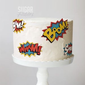 Pegatinas para tarta de superhéroe, imágenes comestibles de arte pop, frases icónicas de cómics, glaseado, Bam Pow Wham, fiesta de cumpleaños, cupcakes y galletas de superhéroe retro.