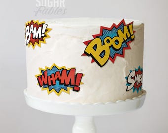Pegatinas para tarta de superhéroe, imágenes comestibles de arte pop, frases icónicas de cómics, glaseado, Bam Pow Wham, fiesta de cumpleaños, cupcakes y galletas de superhéroe retro.
