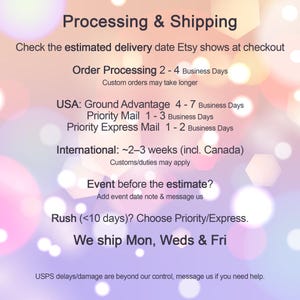 text that provides information about processing and shipping services, including estimated delivery dates, order processing times, and international shipping options.