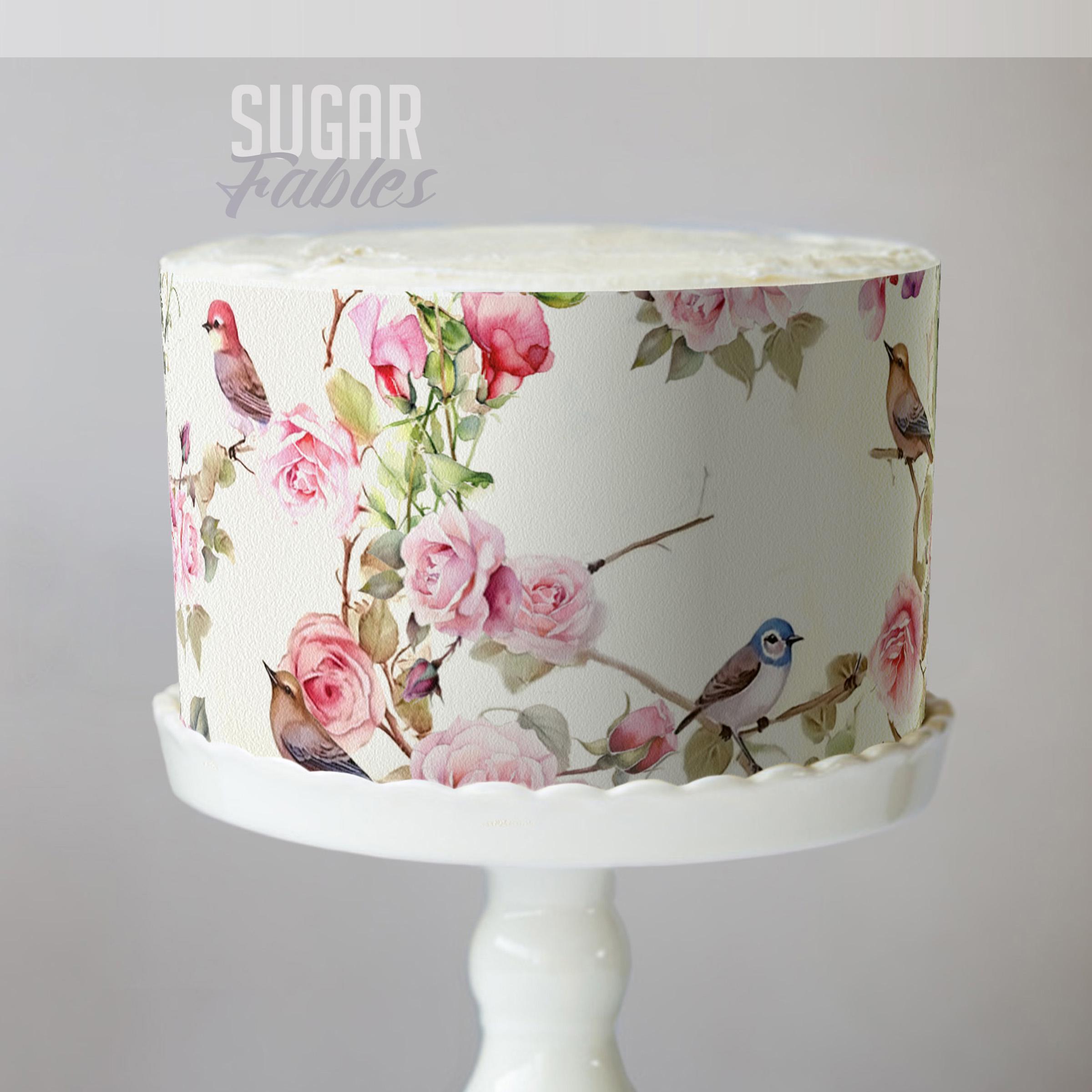 Roses and Birds Cake Wrap, Romantic Vintage Floral Edible Image, Botanical Charm Bridal Shower, Springtime Birds Baby or Wedding Shower
