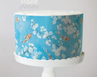 Cherry Blossoms and Koi Cake Wrap, Delicate Sakura Floral Edible Image, Zen Garden Tea Party Frosting Sheet,  Luxury Baby & Bridal Showers