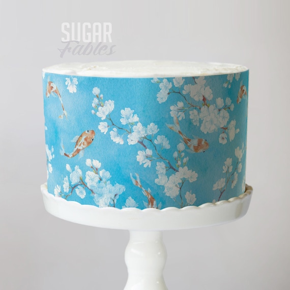Cherry Blossoms and Koi Cake Wrap, Delicate Sakura Floral Edible Image, Zen Garden Tea Party Frosting Sheet,  Luxury Baby & Bridal Showers