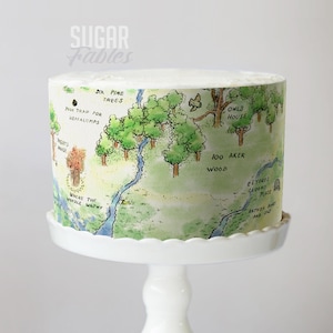 a cake decorated with a Winnie the Pooh-themed map, including illustrations of various landmarks and locations from the classic story.