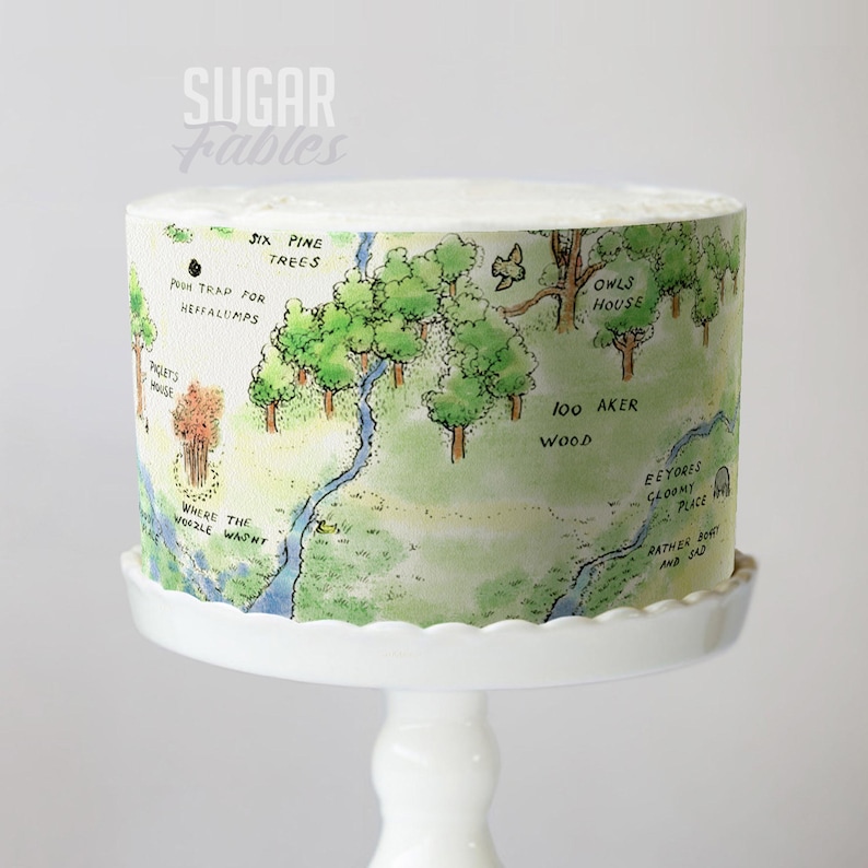 a cake decorated with a Winnie the Pooh-themed map, including illustrations of various landmarks and locations from the classic story.