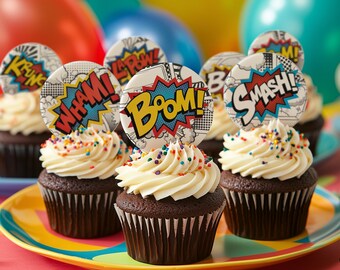 36 Stück Superhelden Cupcake-Topper – Comic-Stil Mit 'Boom', 'Crash', 'Pow' Für Geburtstagspartys