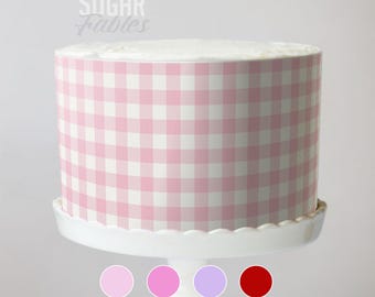 Envoltorio para tarta de cuadros vichy rosa ruborizado, imagen comestible lila vintage, láminas de glaseado a cuadros estilo shabby chic, decoración rústica para bodas en una casa de campo.