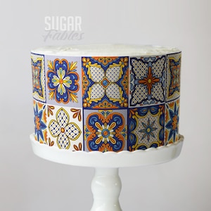 Talavera Decorative Tiles Cake Wrap Vibrant Ornate Mexican Edible Image Hand Painted Spanish Ceramic Frosting Sheet Party Decorations