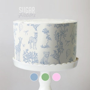 Safari Toile Cake Wrap Animal French de Jouy Edible Image Floral Jungle Chinoiserie Frosting Sheet Vintage Baby Shower & First Birthday