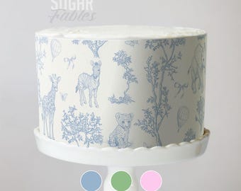 Envoltura para pastel de safari en toile con animales, imagen comestible francesa de Jouy, hoja de glaseado chinoiserie con diseño floral de jungla, baby shower vintage y primer cumpleaños