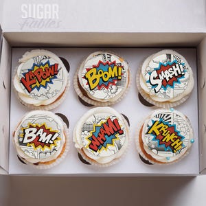 Comic Book Action Cupcake Toppers Pop Art Cookie Comic Word Edible Topper Bam Pow Wham Birthday Party Super Hero Theme Retro Rice Treat