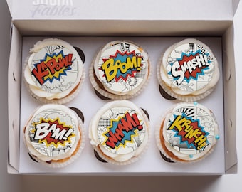 Adornos para cupcakes con acción de cómic, galletas de arte pop, decoración comestible con palabras de cómic, fiesta de cumpleaños Bam Pow Wham, temática de superhéroe, golosina de arroz retro