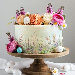 Wildflower Bunnies Cake Wrap Some Bunny Edible Image Watercolor Flowers Frosting Sheet Birthday & Baby Shower Country Rustic Easter Decor image 7