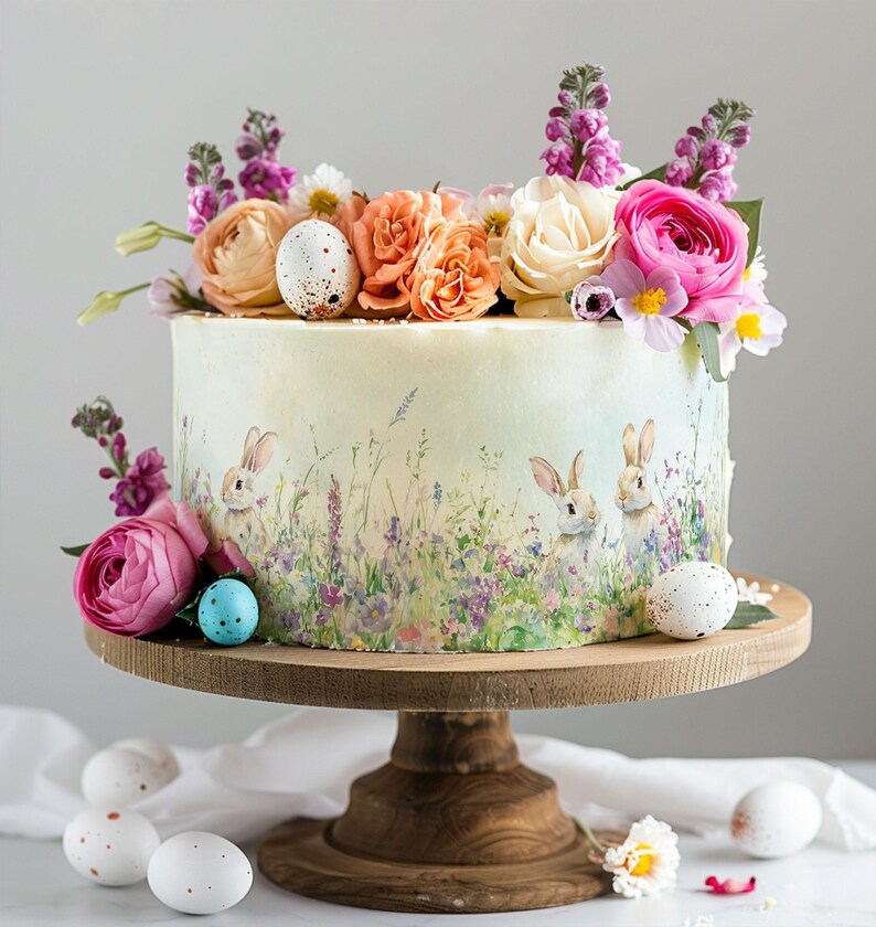 Wildflower Bunnies Cake Wrap Some Bunny Edible Image Watercolor Flowers Frosting Sheet Birthday & Baby Shower Country Rustic Easter Decor image 7