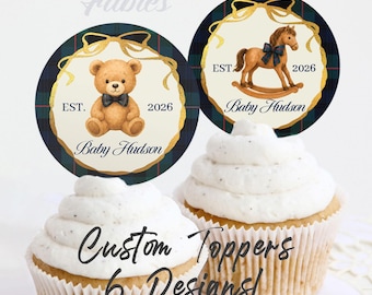Toppers de polo personalizados para baby shower, cupcakes y galletas a cuadros estilo preppy, decoración clásica para cumpleaños de niño, estilo vintage, para guardería