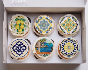 Mediterranean Cookie Toppers Italian Tiles Edible Images Positano Lemon Blue Cupcake Amalfi Cupcakes Coastal Wedding Favors Rice Treats