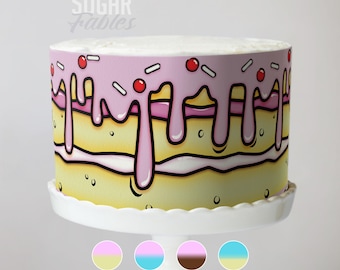 Comic Style Cartoon Cake Wrap, Pop Art Drip Edible Image, 3D Illusion Frosting Sheet, Pastel Party Decor, Trendy Kids Birthday