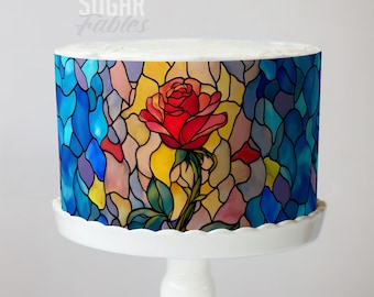 Envoltura de pastel de rosas de vitral, imagen comestible de La Bella y la Bestia, hoja de glaseado para boda de cuento de hadas romántico, mosaico floral, decoración de princesa