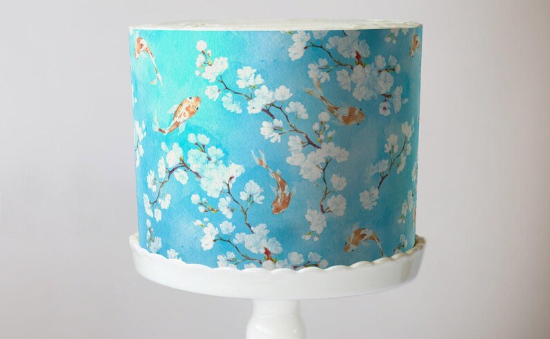 Cherry Blossoms and Koi Cake Wrap, Delicate Sakura Floral Edible Image, Zen Garden Tea Party Frosting Sheet, Luxury Baby & Bridal Showers image 6