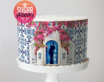 Greek Island Inspired Cake Wrap Dancing Queen Edible Icing Mediterranean Edible Frosting Bridal Shower Cake Strip Sweet Seventeen Birthday