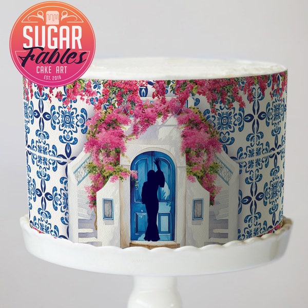 Dancing Queen Santorini Cake Wrap, icing sheets, edible icing. Ornate Mediterranean, cake decorations! Sweet Seventeen birthday!
