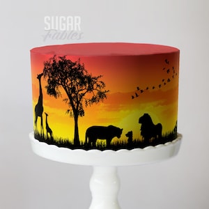 African Safari Edible Image: Vivid Sunset with Silhouettes of Lions, Giraffes, and Jungle Animals;  Savannah Party Decor, Wild One Cake wrap