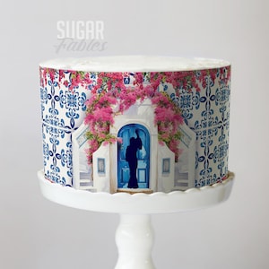Dancing Queen Cake Wrap Santorini Greek Island Edible Icing Mediterranean Disco Tile Frosting Sheet Bridal Shower & Sweet Seventeen Birthday