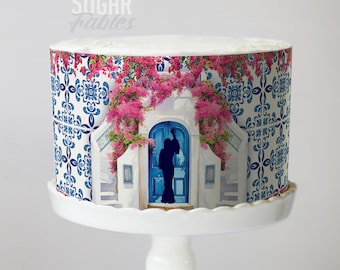 Greek Island Inspired Cake Wrap Dancing Queen Edible Icing Mediterranean Edible Frosting Bridal Shower Cake Strip Sweet Seventeen Birthday