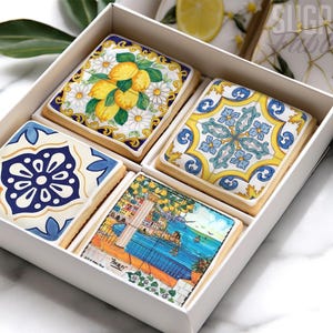 Adornos de azulejos mediterráneos, imágenes comestibles de cerámica italiana, galletas azules de limón de Positano, recuerdos de boda de la costa de Amalfi, adorno cuadrado para golosina de arroz