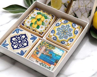 Adornos de azulejos mediterráneos, imágenes comestibles de cerámica italiana, galletas azules de limón de Positano, recuerdos de boda de la costa de Amalfi, adorno cuadrado para golosina de arroz