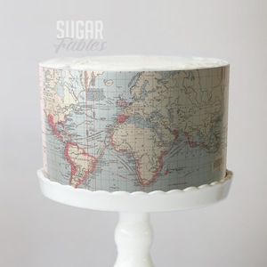Envoltorio para pastel con mapa del mundo vintage: Una aventura te espera, imagen comestible, hoja de glaseado para bodas de destino, fiesta de baby shower con temática de Atlas de viajes retro