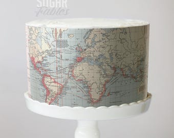 Vintage World Map Cake Wrap An Adventure Awaits Edible Image Destination Wedding Frosting Sheet Retro Travel AtlasTheme Baby Shower Party