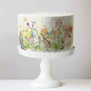edible cake wrap features a delicate, hand-painted botanical illustration with fairies nestled among lush flowers, leaves, and mushrooms. The intricate artwork includes pastel tones with vibrant floral accents, evoking a whimsical, storybook-inspired aesthetic.