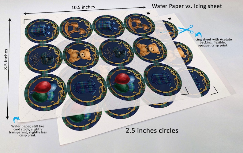 Puede incluir: Una hoja de papel de oblea con c&iacute;rculos de 6,35 cm con varios dise&ntilde;os, incluyendo osos de peluche y globos, sobre un fondo azul marino con detalles dorados. La hoja mide 26,67 cm por 21,59 cm. El texto en la imagen dice "Wafer Paper vs. Icing sheet".