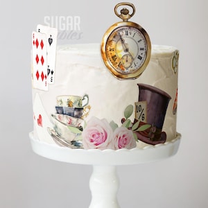 Alice in Wonderland Precut Cake Sticker Mad Hatter Garden Tea Party Edible Image Vintage Onderland  Baby & Briday Shower Frosting Sheet