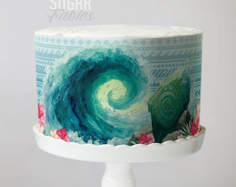 Envoltorio para pastel de princesa hawaiana, imagen comestible tribal polinesia: olas del océano y flores de hibisco, decoraciones para fiestas en la playa de una isla tropical.