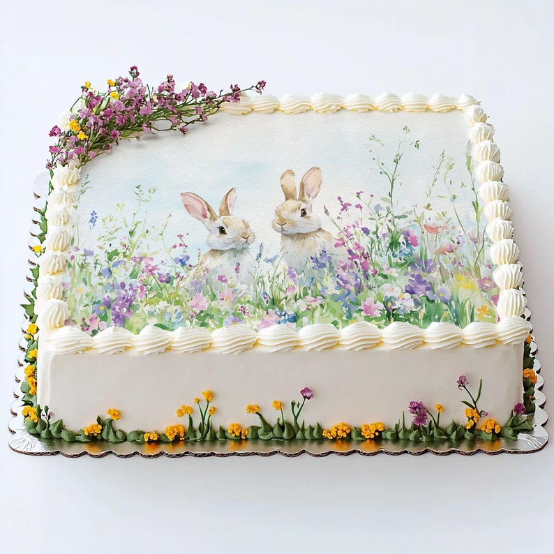 Wildflower Bunnies Cake Wrap Some Bunny Edible Image Watercolor Flowers Frosting Sheet Birthday & Baby Shower Country Rustic Easter Decor image 6