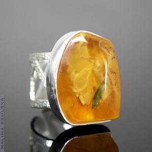 Golden Baltic amber silver ring,Sterling Silver, Adjustable ring, Ring with natural Baltic Amber , Natural mineral ring