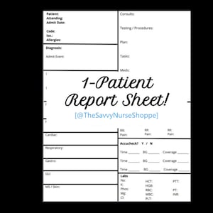 Könnte beinhalten: Ein druckbares Patientenberichtblatt mit Abschnitten für Patienteninformationen, Vitalwerte, Laborwerte und Medikamente. Das Blatt ist mit "1-Patient Report Sheet!" und dem Social-Media-Handle "@TheSavvyNurseShoppe" betitelt.