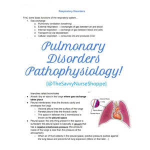 Può includere: Diagramma del sistema respiratorio umano con attenzione ai polmoni e allo spazio pleurico. Il diagramma mostra la pleura viscerale e parietale, lo spazio pleurico e i polmoni. Il testo descrive la funzione dello spazio pleurico e l'importanza della pressione intratoracica negativa. Il testo menziona anche il ruolo del surfactante nello spazio pleurico. Il diagramma è etichettato con il testo "Pulmonary Disorders Pathophysiology!" e "@TheSavvyNurseShoppe".
