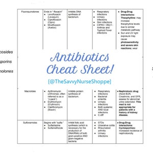 Op de afbeelding: Een kleurrijk schema met de titel "Antibiotics Cheat Sheet!" met de tekst "@TheSavvyNurseShoppe" onderaan. Het schema somt verschillende soorten antibiotica op, hun gebruikelijke namen en hun toepassingen.