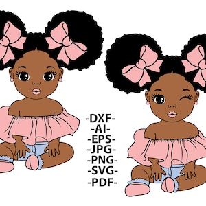 Baby Princess Svg, Afro Girl Bundle Svg, Ragazza con fiocchi Svg, Sbuffi per capelli, Donna nera, Ragazzino carino, Afroamericano, File tagliati in formato Svg