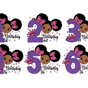 黒人の女の子の誕生日バンドル、アフロガールのバンドル SVG、ハッピーバースデー SVG、6 つの SVG デザイン、ピーカブーガール SVG、かわいい女の子のクリップアート、アフロベイビー SVG