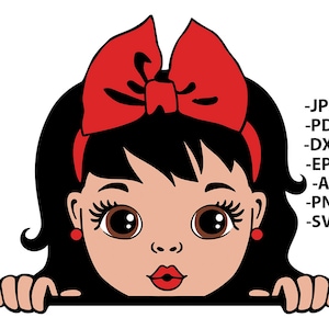 Wit meisje kiekeboe SVG-bestand met rood lint, schattige babymeisje SVG-download voor Cricut Crafts, T-shirtontwerpen en sublimatiekunst