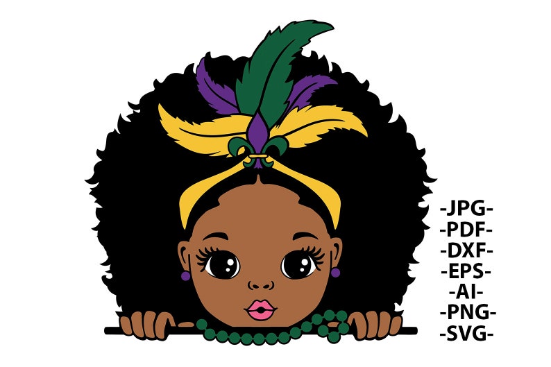May include: A cartoon illustration of a Black girl with an afro hairstyle wearing a yellow, purple, and green headband with feathers and a fleur-de-lis. She is peeking over a surface with a green beaded necklace.
