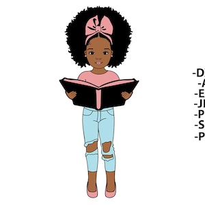 Ragazza che legge Svg, Apprendimento, Afro Girl Svg, Libro, Puff Hair, Ragazza Nera Svg, Afro bambina Svg, Donna Nera, Afroamericano, Svg Cut Files